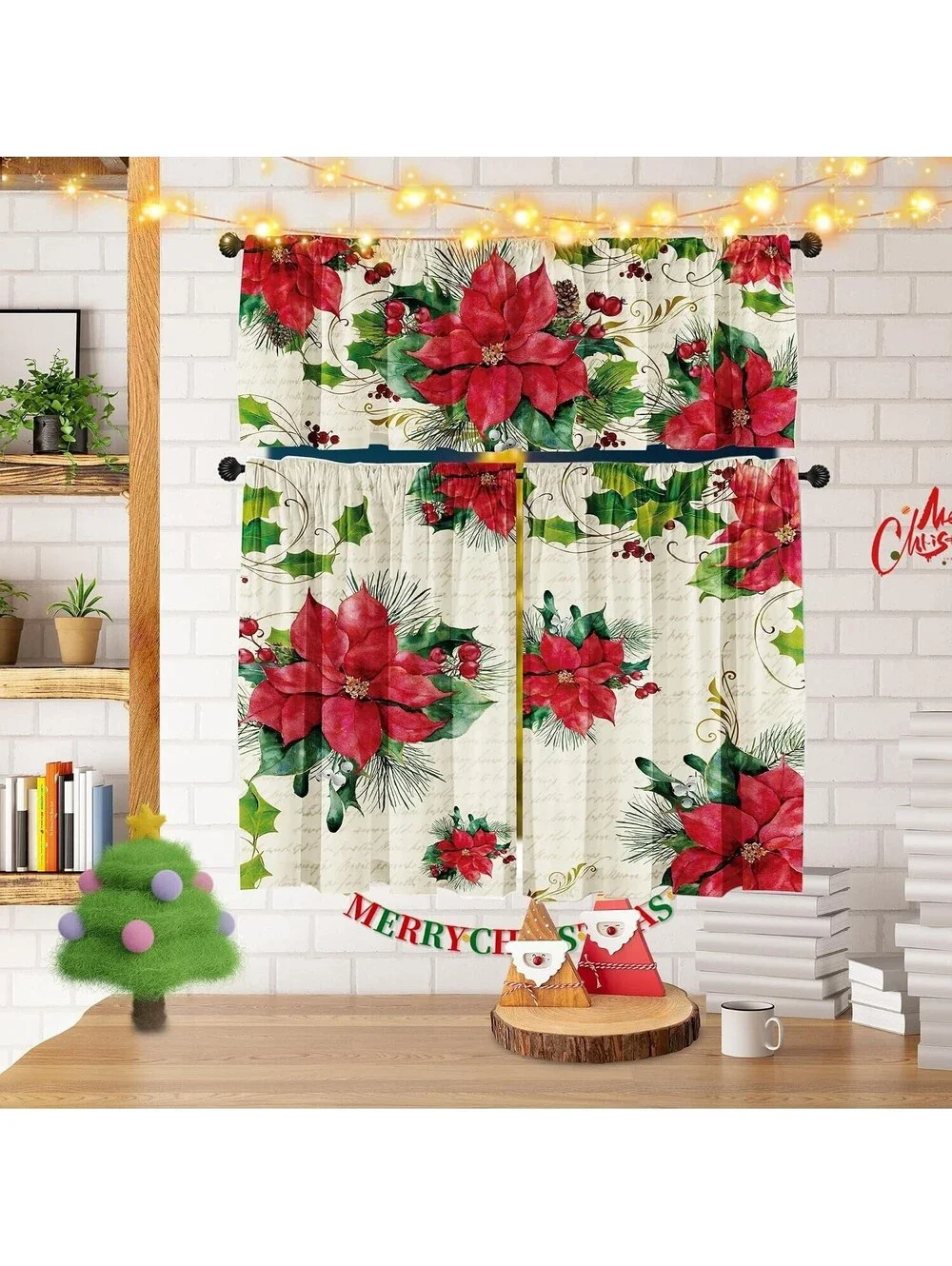 Poinsettia Christmas Curtain Valances Set, Upper & Lower Curtains